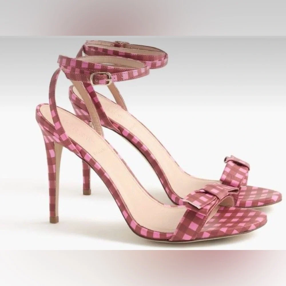 J.Crew Pink Gingham Print Leather Strappy High Heel Sandals with Bow, Size 8.5 - Picture 10 of 10